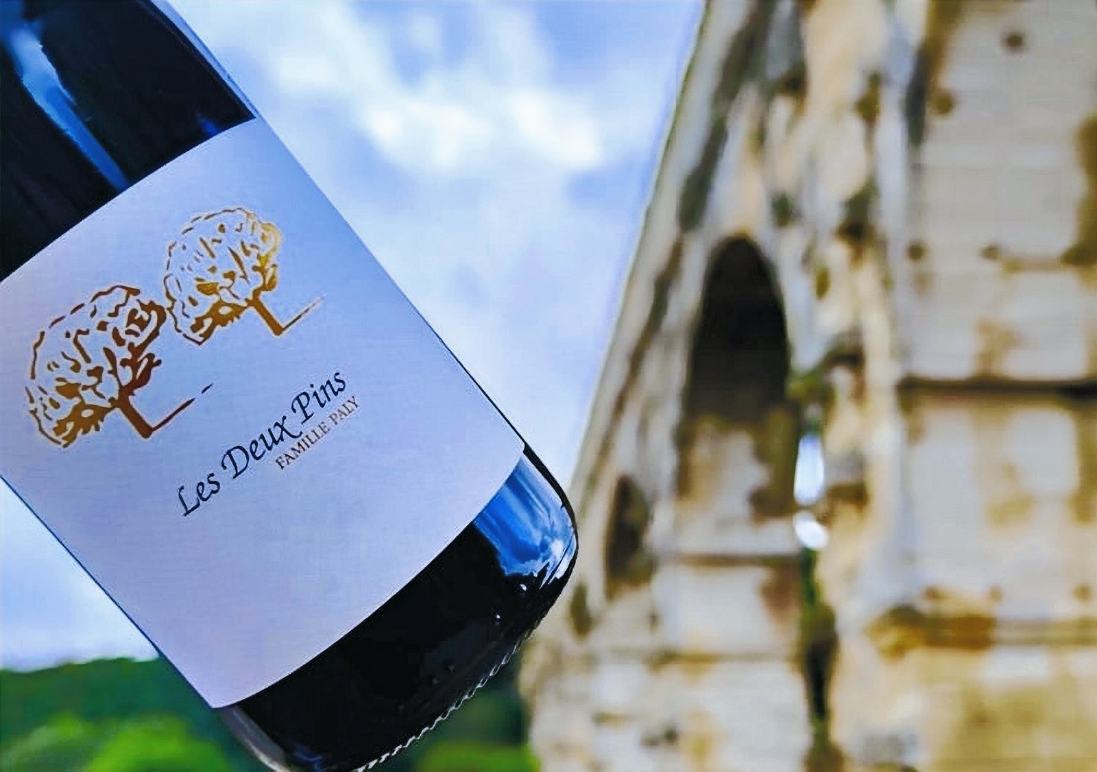 Bouteille Les Deux Pins devant le Pont du Gard